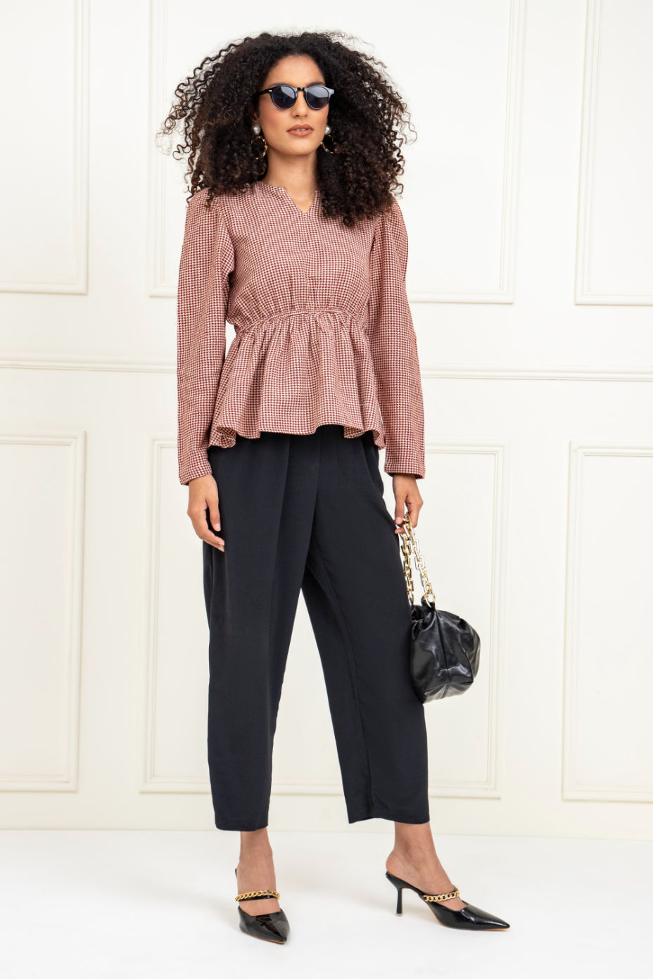 Red Beige Jacquard Peplum Top Sanaita