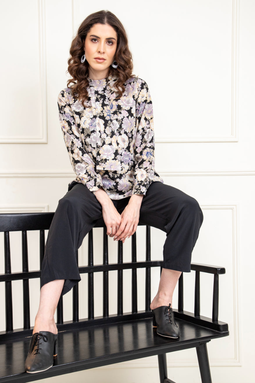 Floral Print Neck Tie Style Top Sanaita