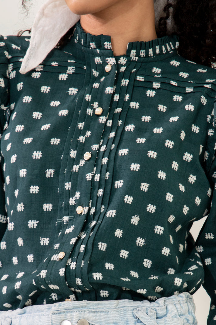 Green Dobby Frill Shirt Sanaita