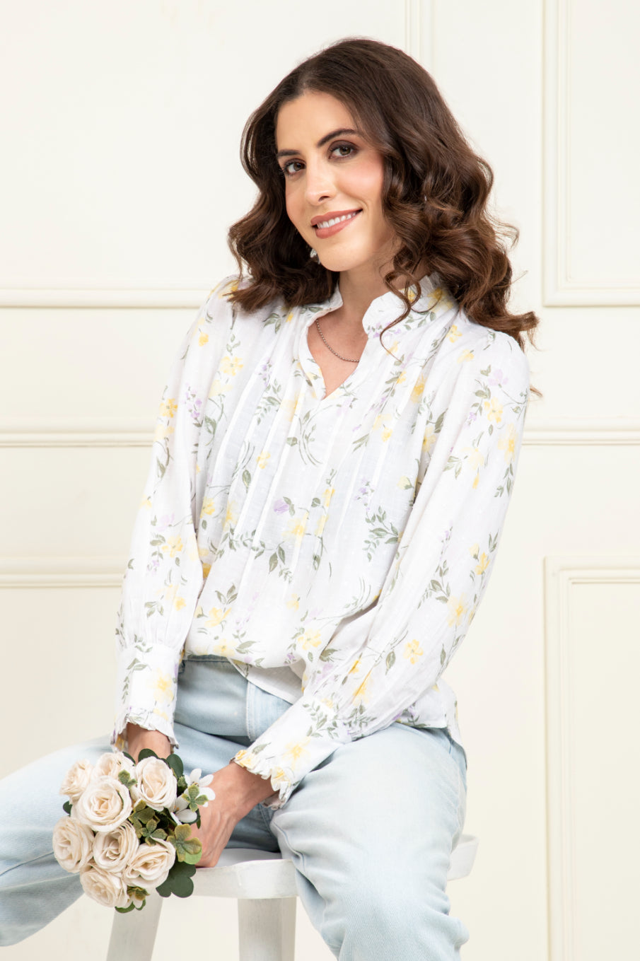 Feisty Floral Dobby Pin Tuck Detail Top Sanaita