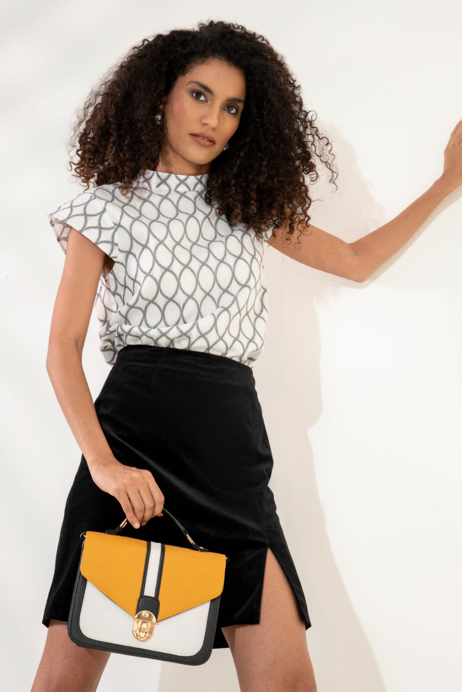 Cap Sleeve Band Collar Jacquard Top Sanaita