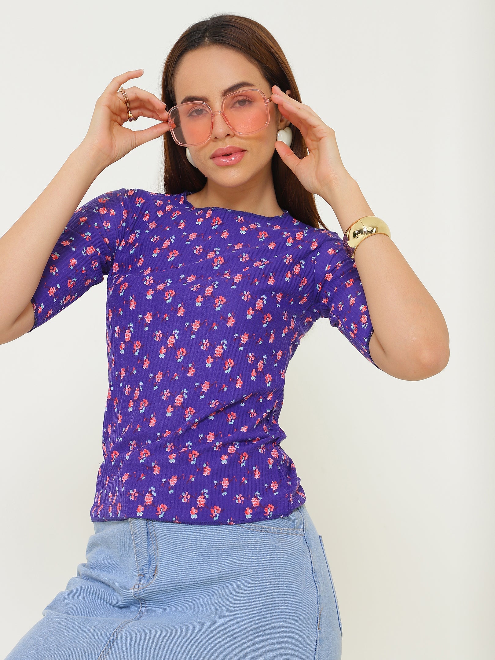 Purple Printed Top Round Neck Sanaita