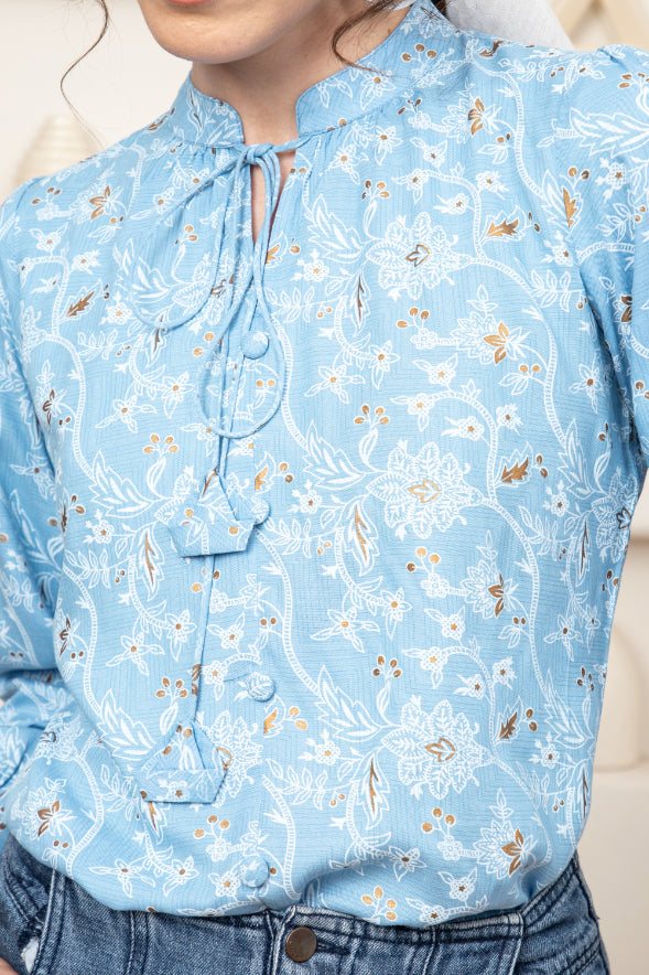 Floral Hand Block Print Neck Tieup Top Sanaita