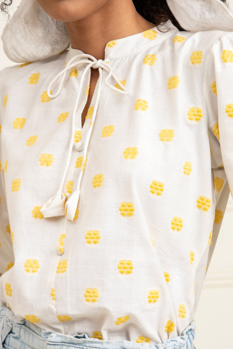 Yellow Floral Dobby Buttoned Blouse Sanaita