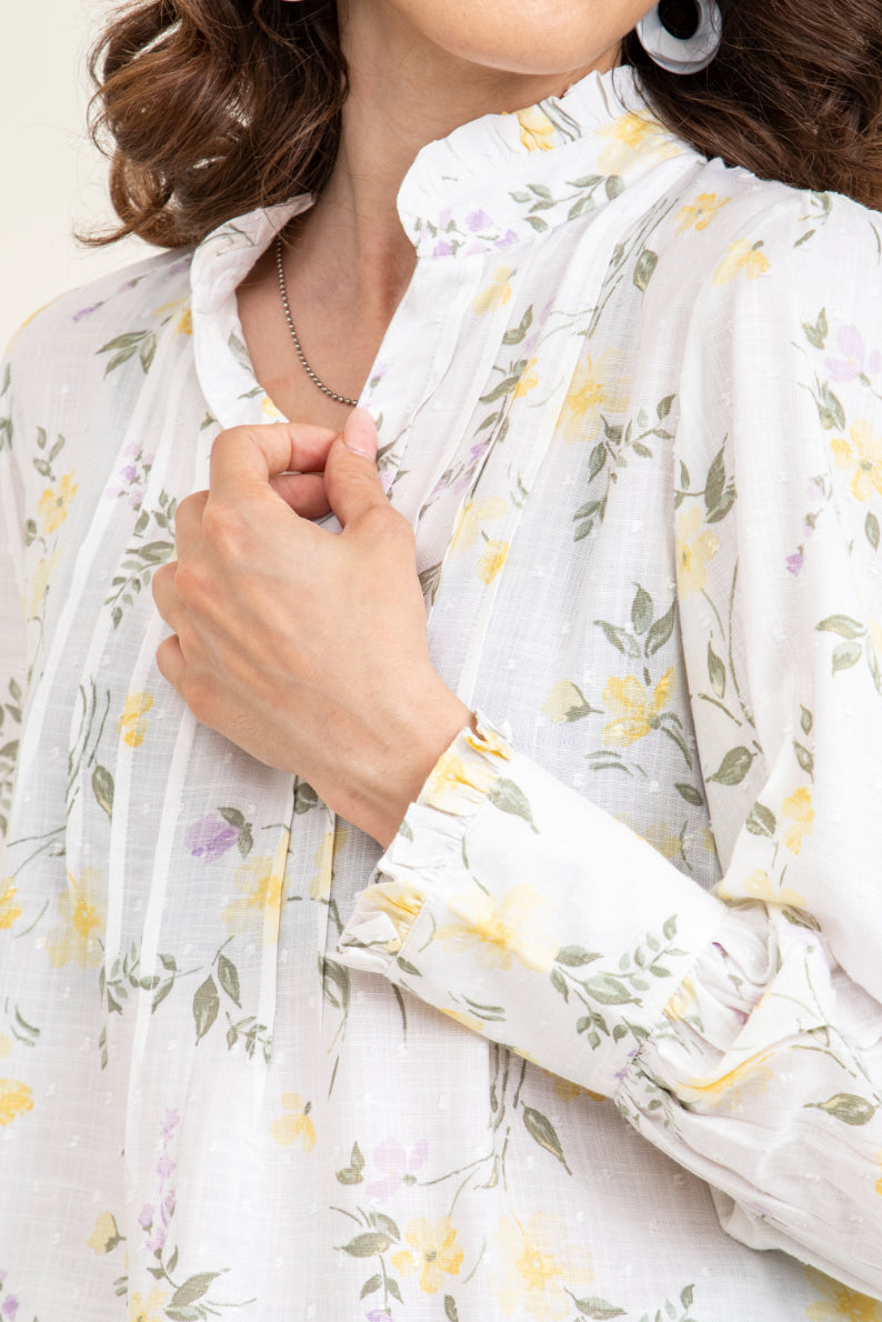 Feisty Floral Dobby Pin Tuck Detail Top Sanaita