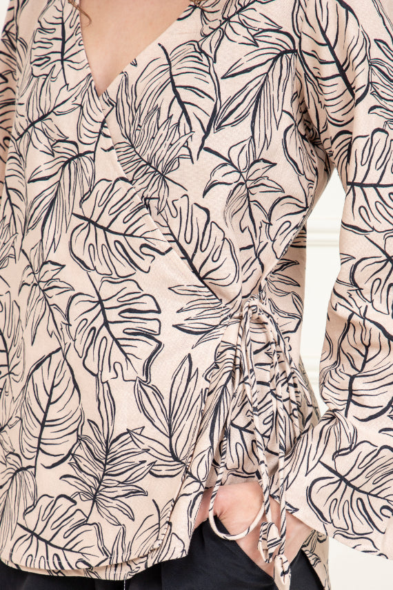 Leafy Beige Flared Sleeve Top Sanaita