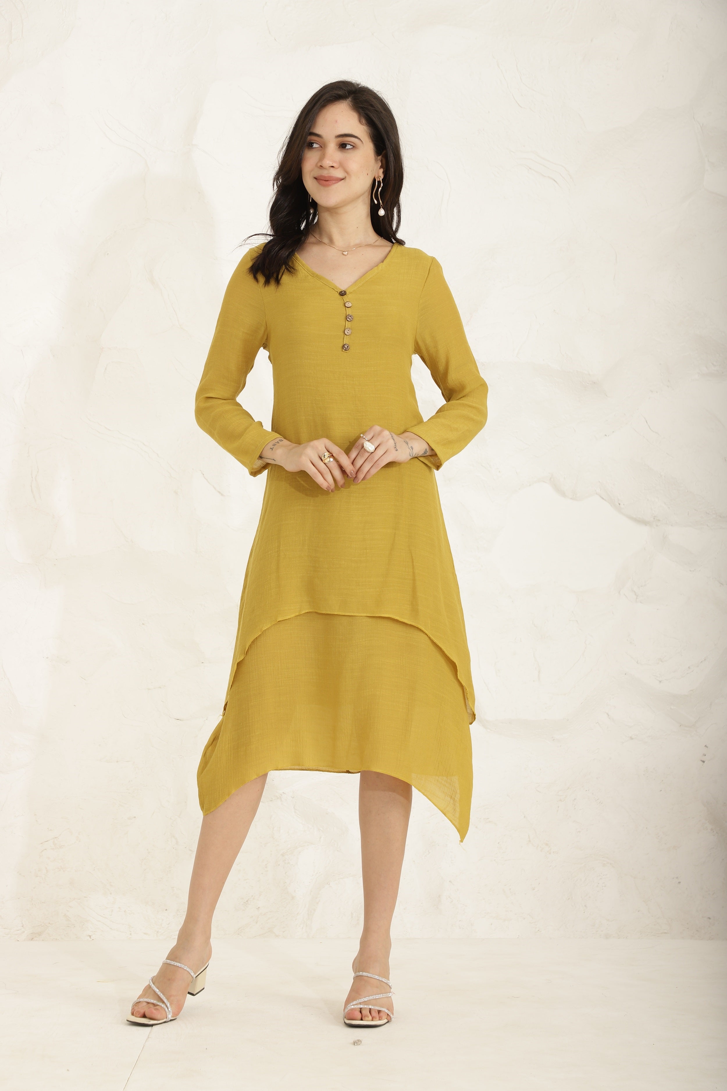 Ebb Curve Dress-Mustard Sanaita