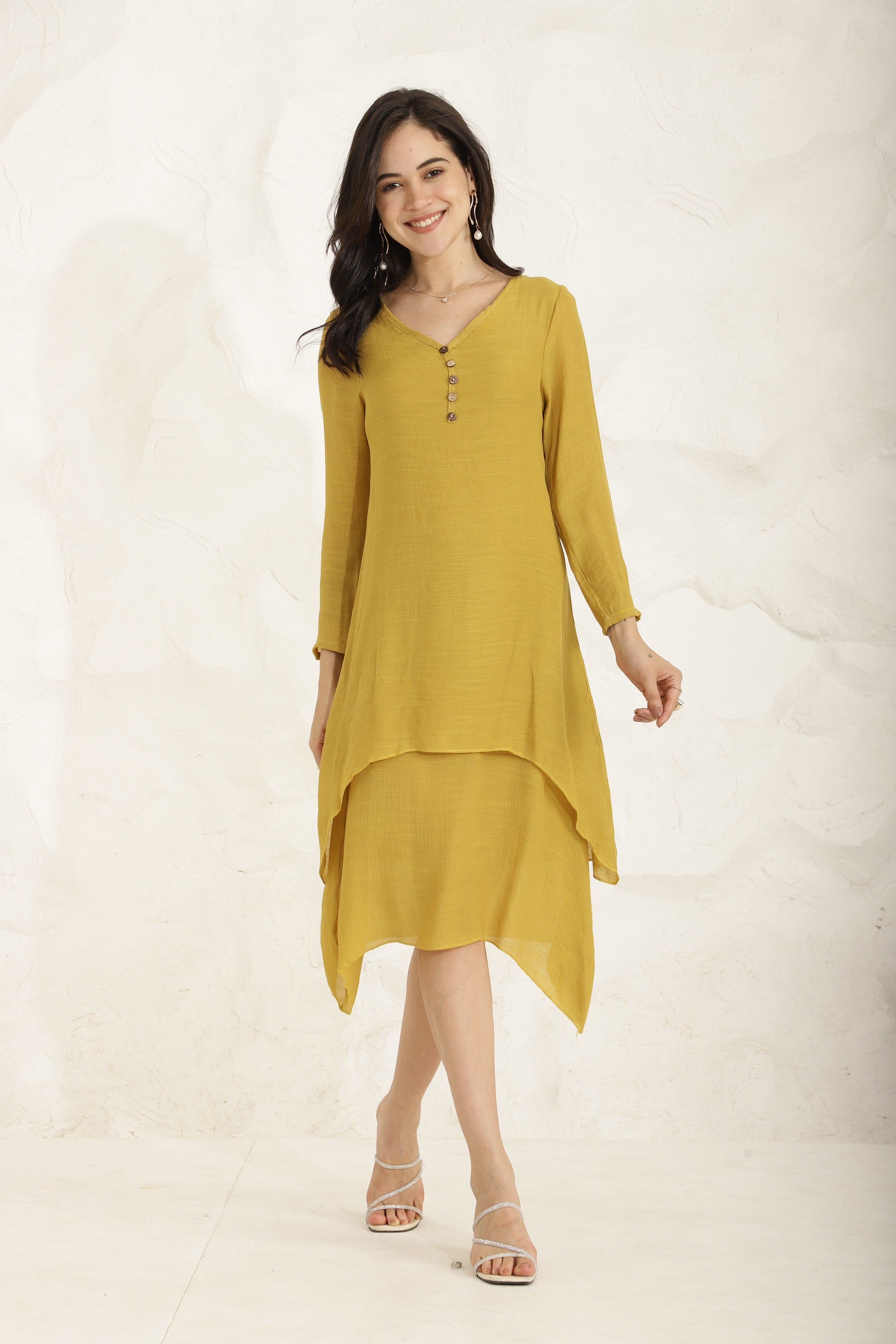 Ebb Curve Dress-Mustard Sanaita