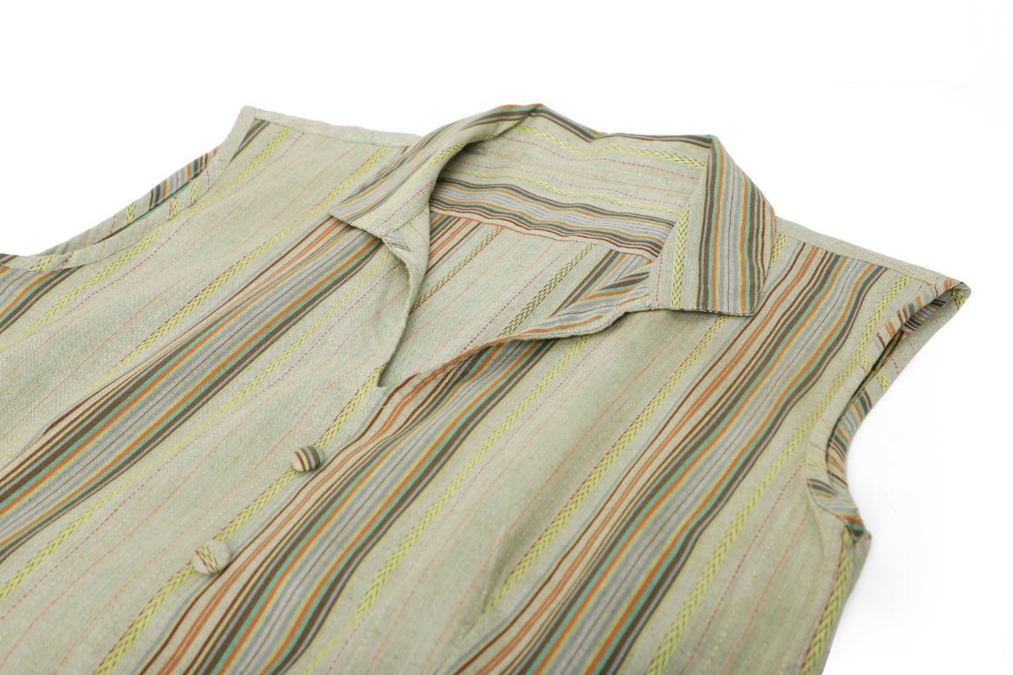 Shirt Collar Green Striped Ruffle Hem Dress Sanaita