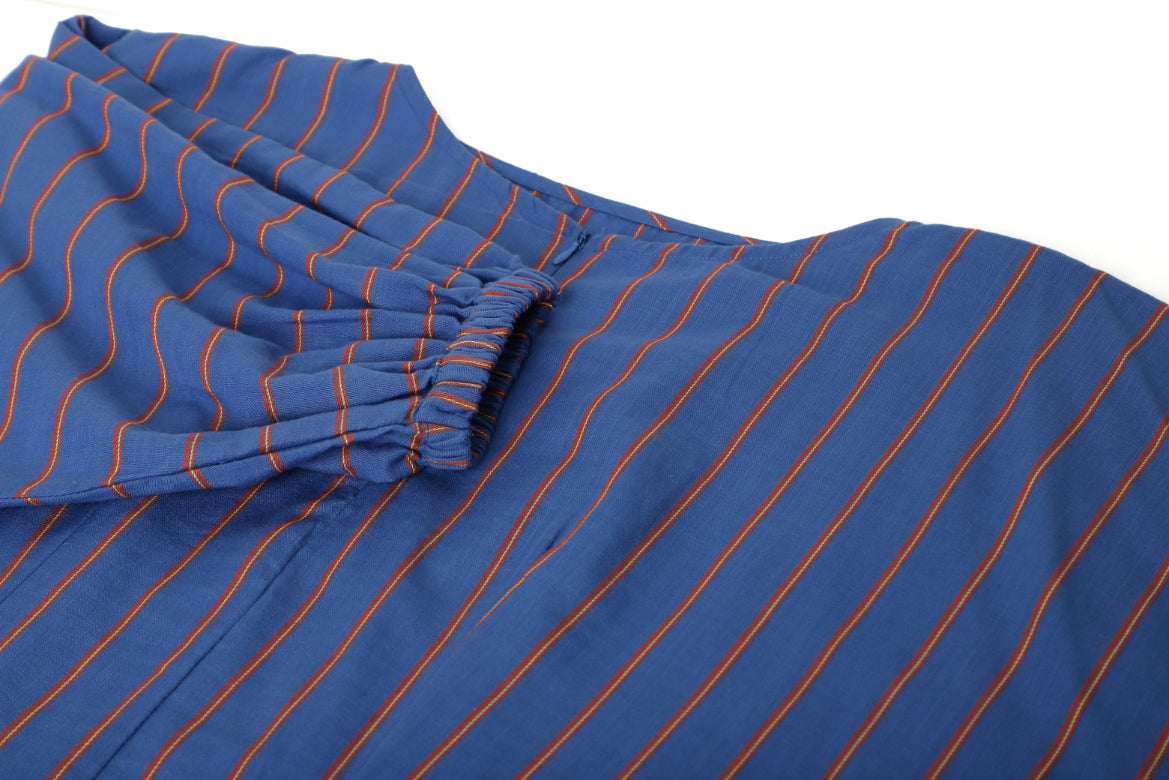 Baloon Sleeve Blue Striped Zip Neckline Dress Sanaita