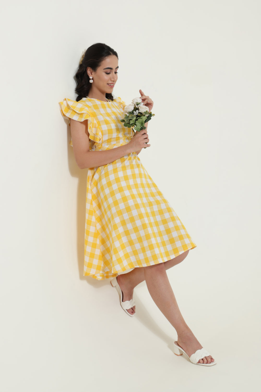 Double Frill Yellow Check Retro Dress Sanaita