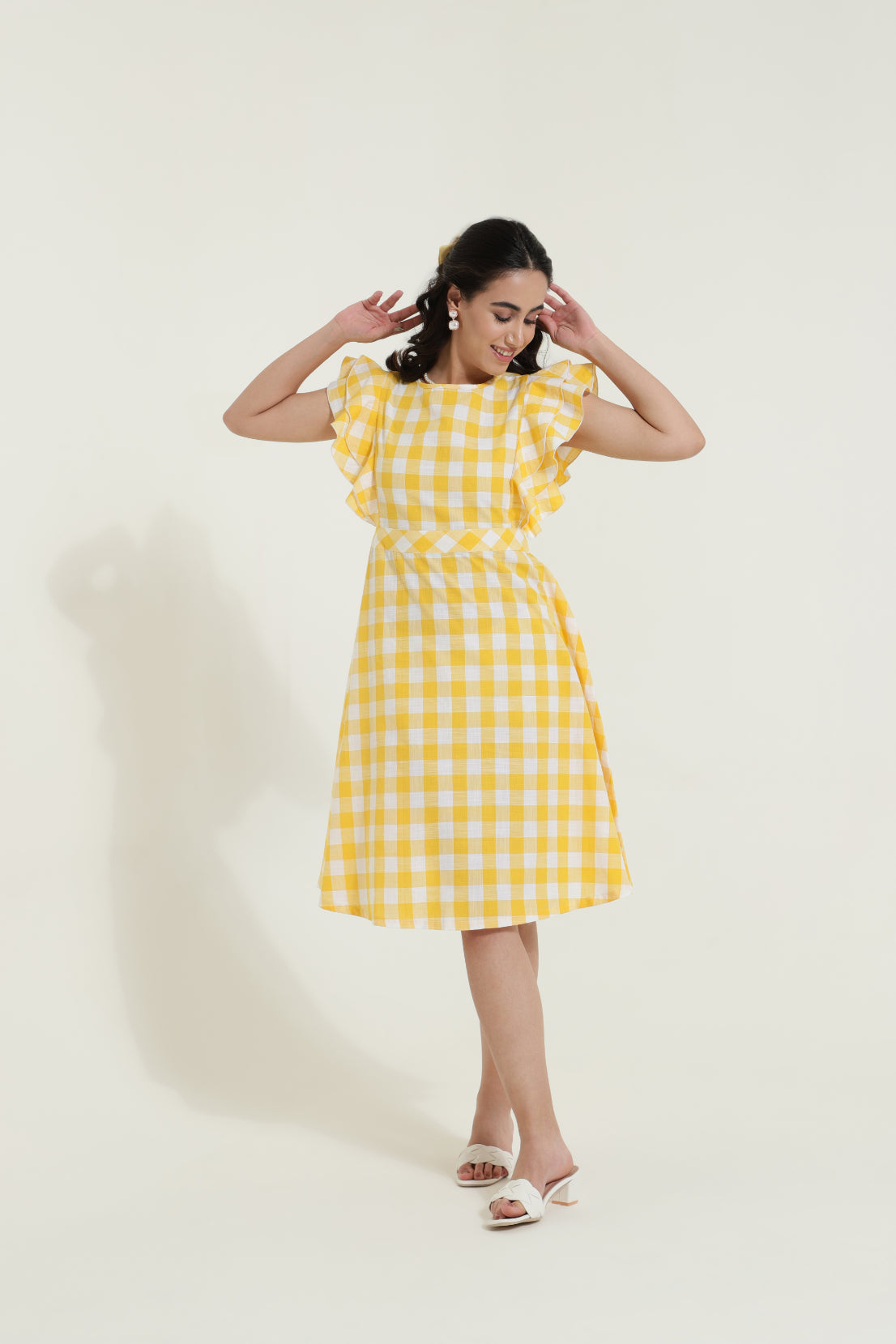 Double Frill Yellow Check Retro Dress Sanaita
