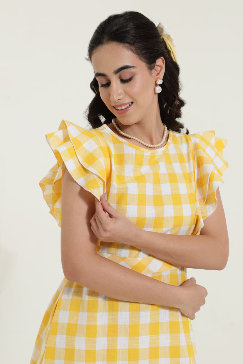 Double Frill Yellow Check Retro Dress Sanaita
