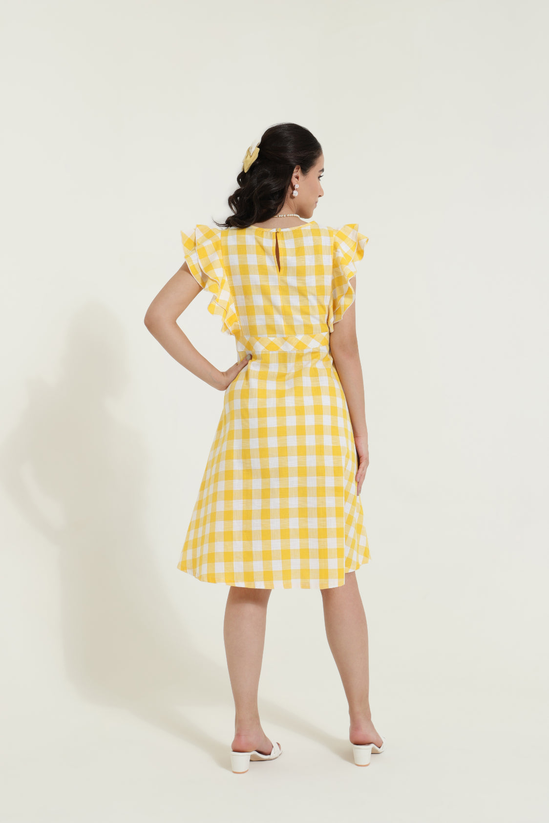 Double Frill Yellow Check Retro Dress Sanaita