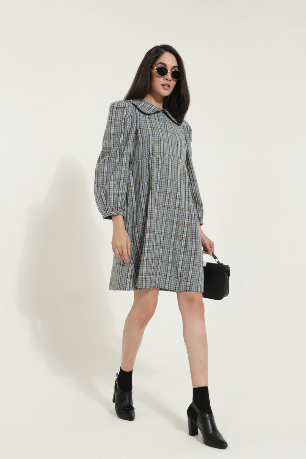 Peterpan Collar Blue Check Retro Dress Sanaita