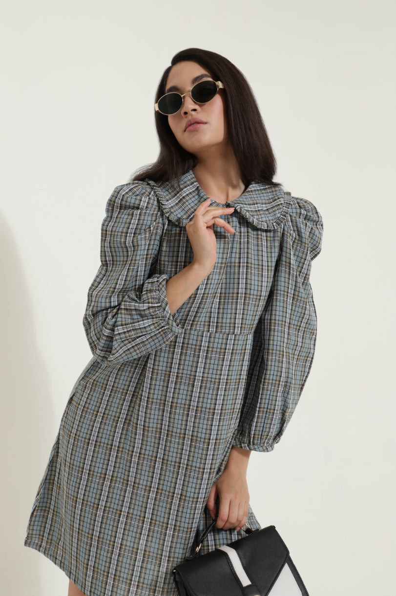 Peterpan Collar Blue Check Retro Dress Sanaita
