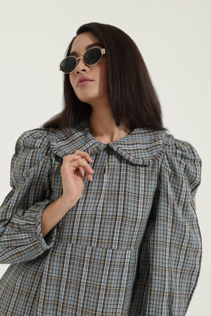 Peterpan Collar Blue Check Retro Dress Sanaita