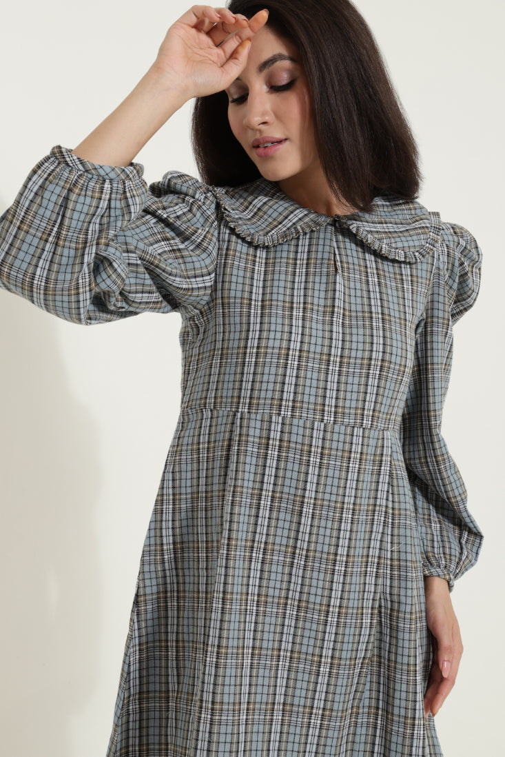 Peterpan Collar Blue Check Retro Dress Sanaita