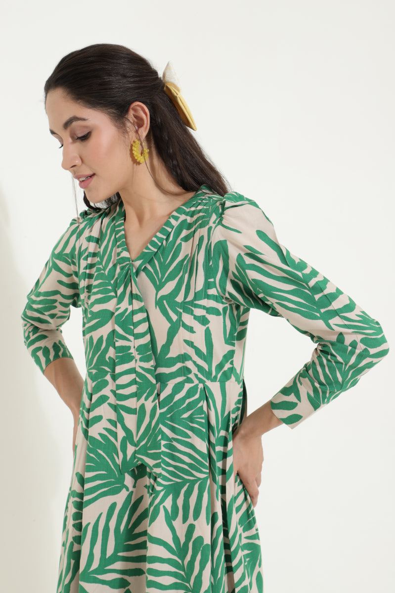 Neck Tieup Tropical Print Flared Dress Sanaita