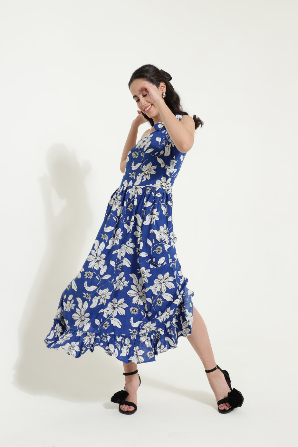 One Shoulder Tieup Blue Floral Dress Sanaita