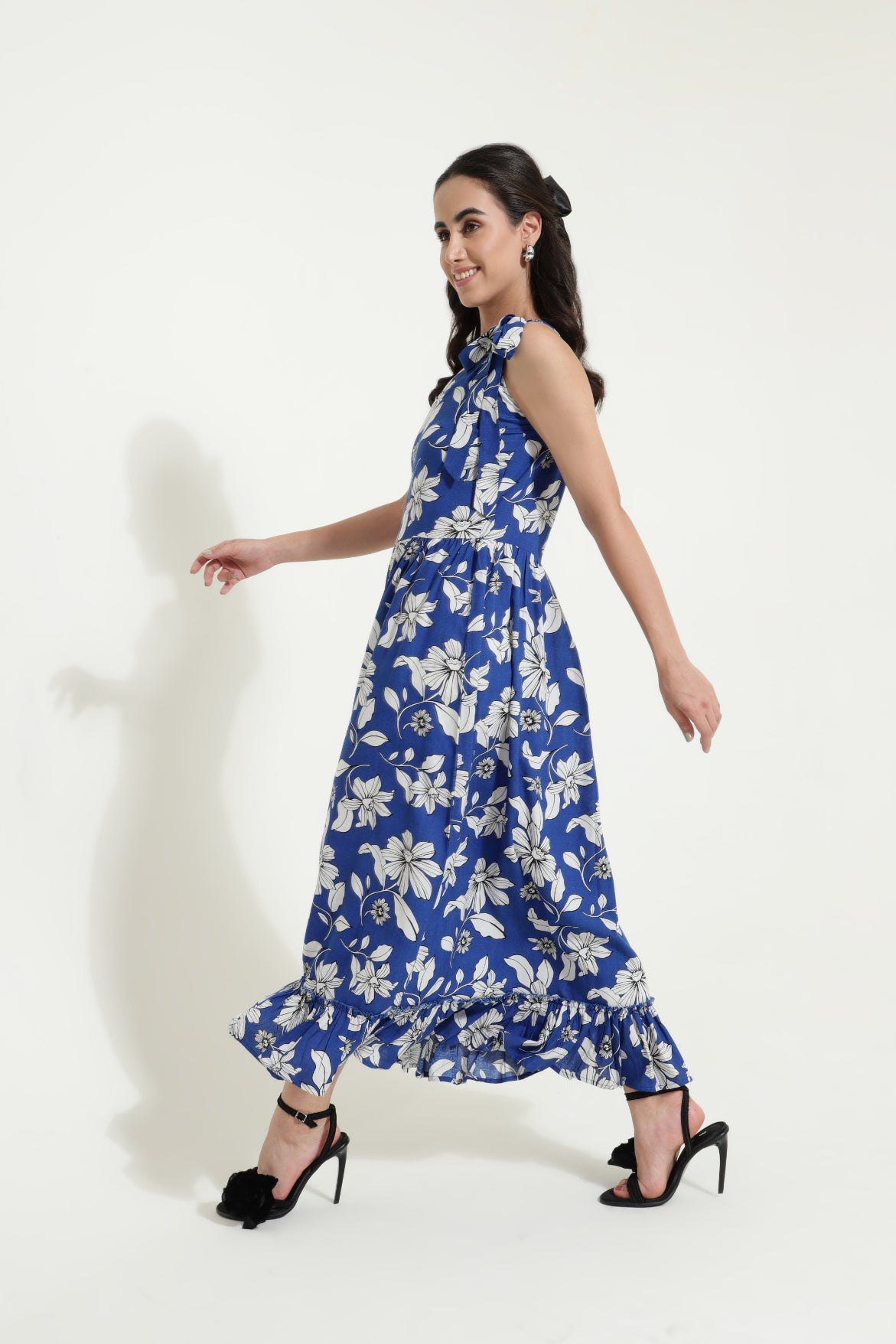 One Shoulder Tieup Blue Floral Dress Sanaita