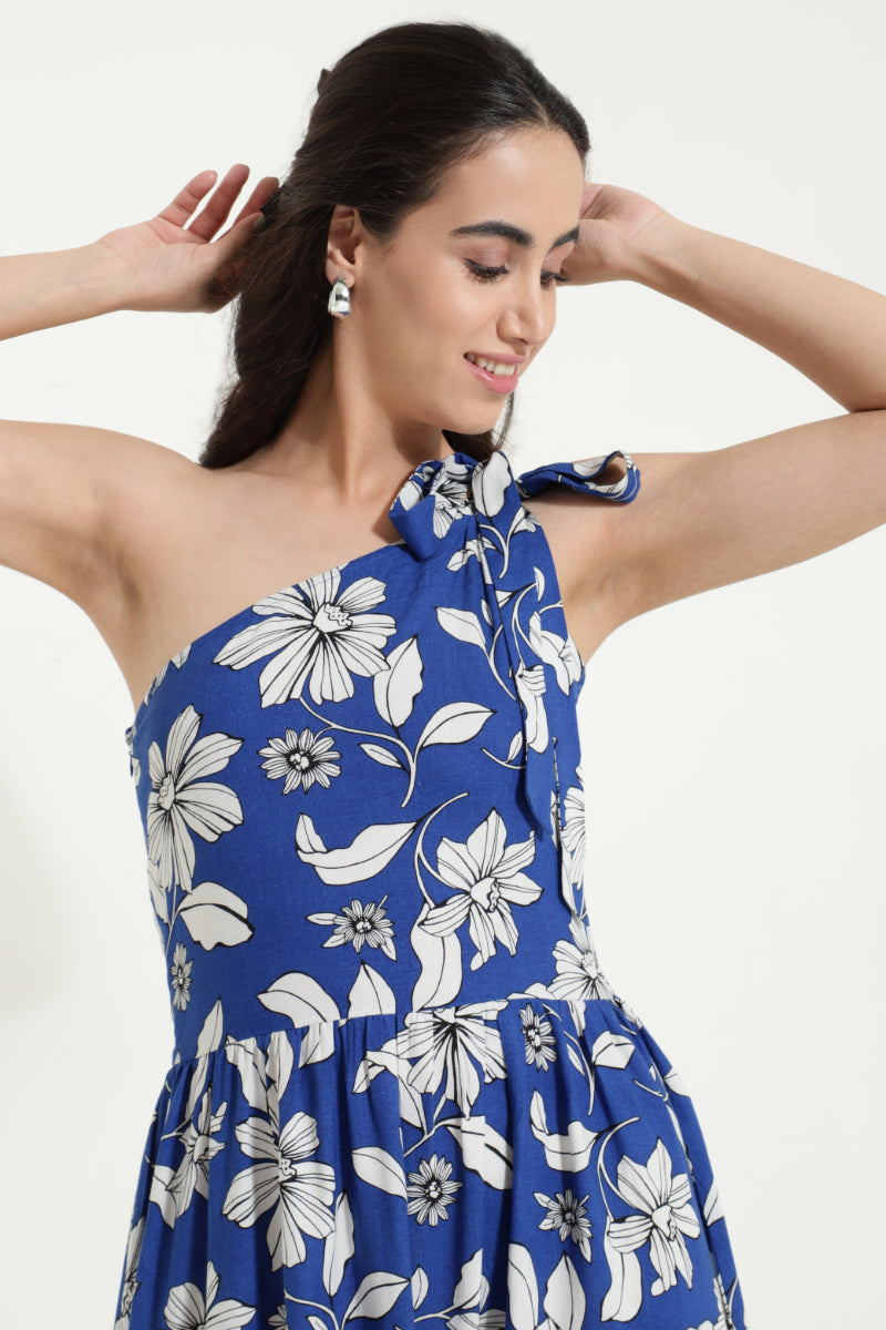 One Shoulder Tieup Blue Floral Dress Sanaita