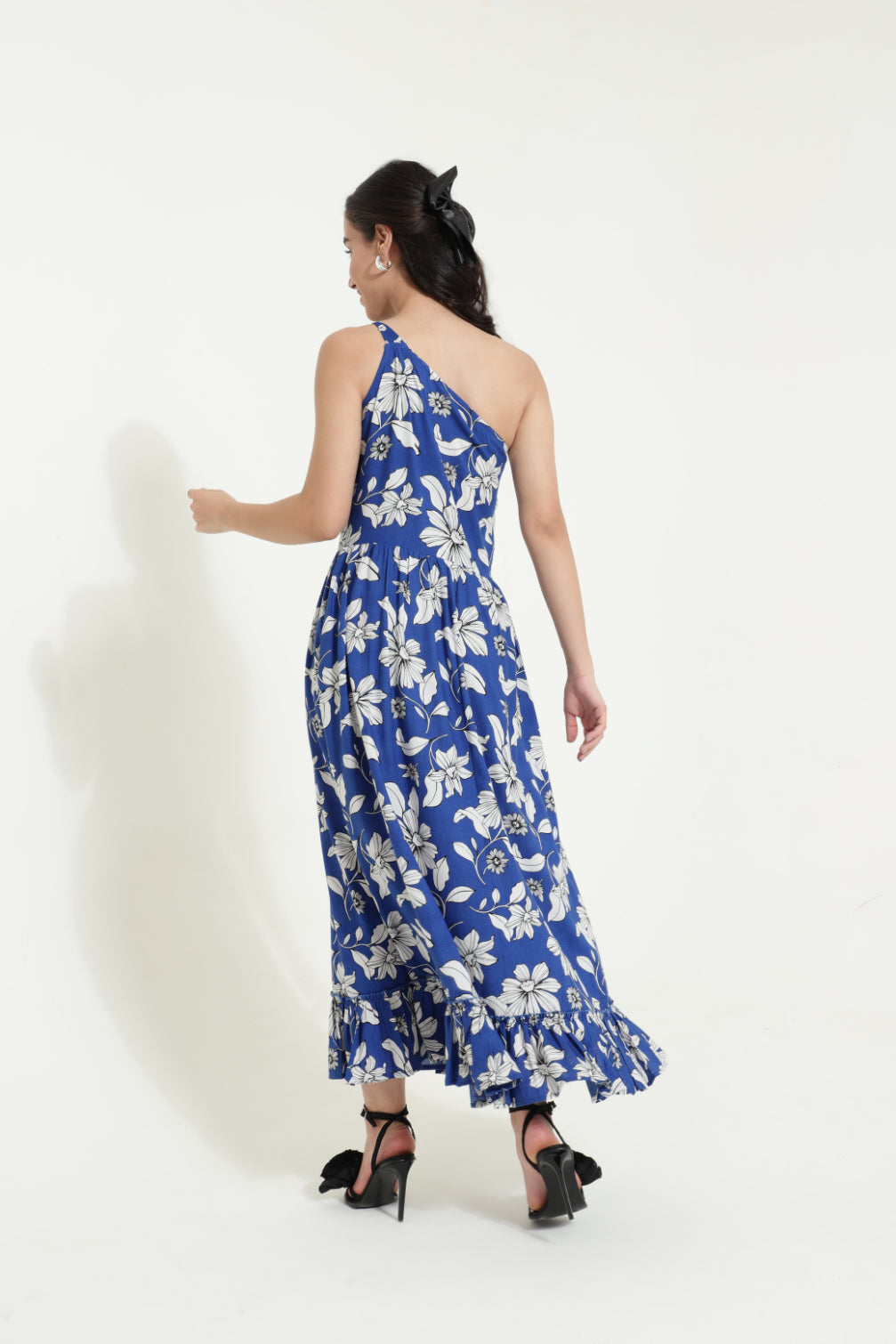 One Shoulder Tieup Blue Floral Dress Sanaita