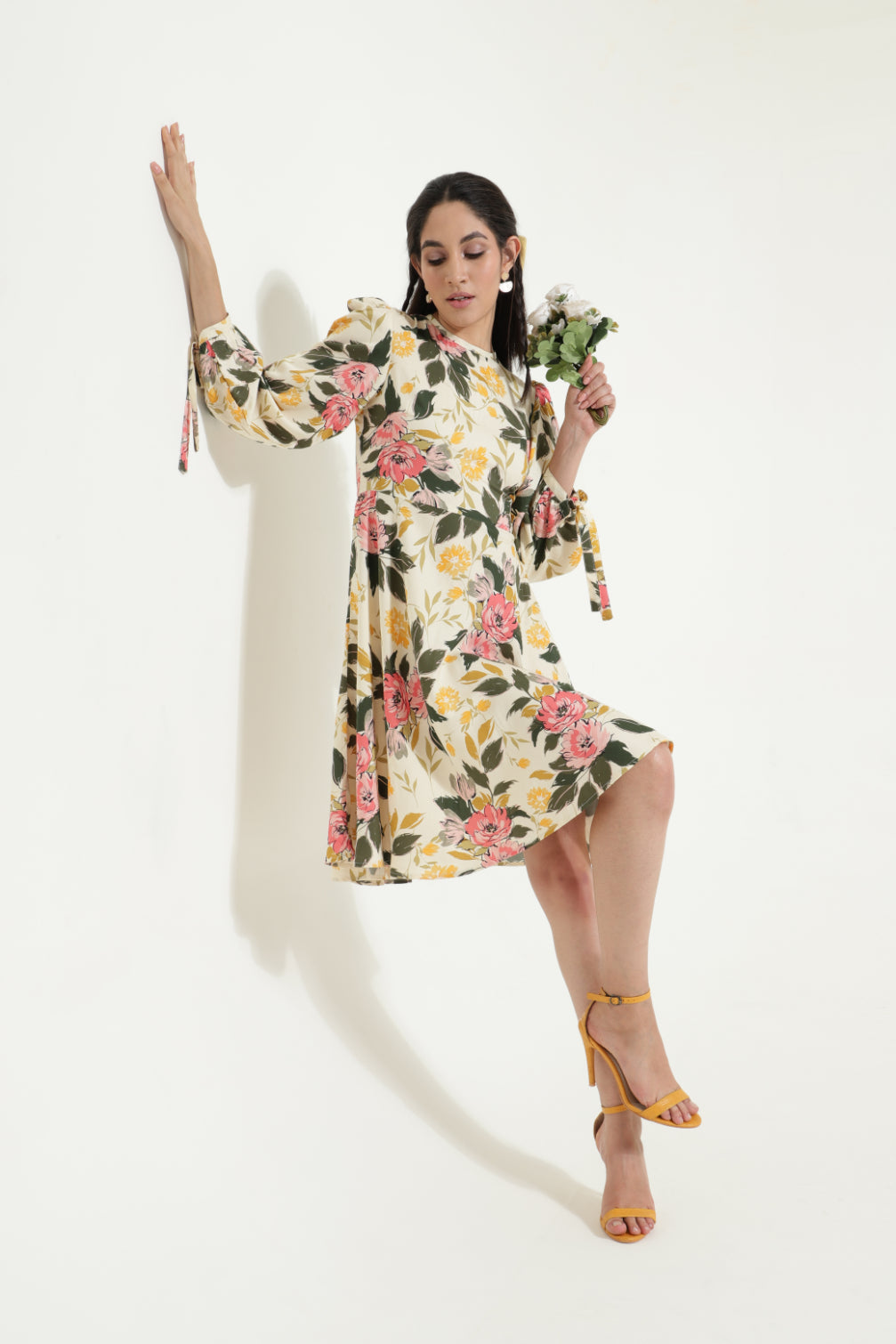 Floral Print Skater Knee Length Dress for Women | Puff Sleeves