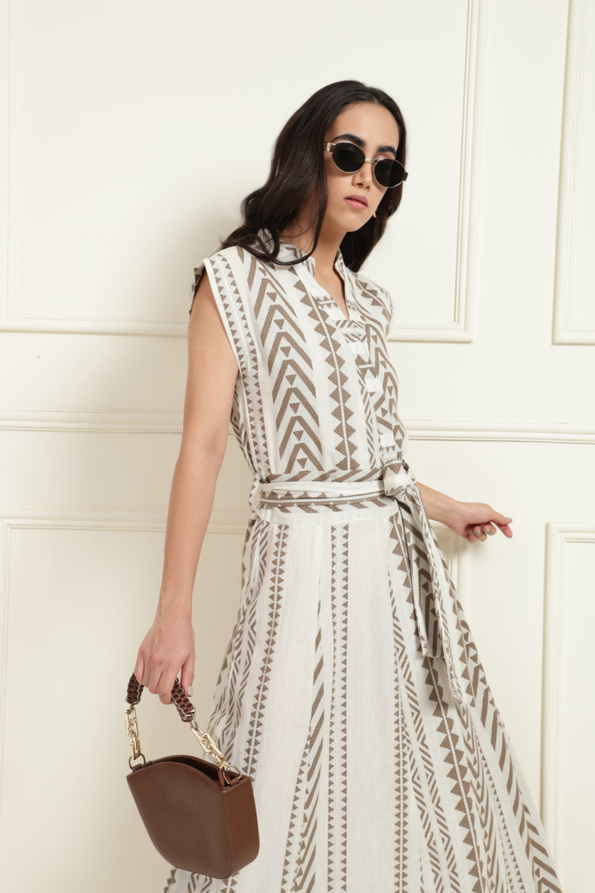 Tribal Jacquard Band Collar Long Dress Sanaita