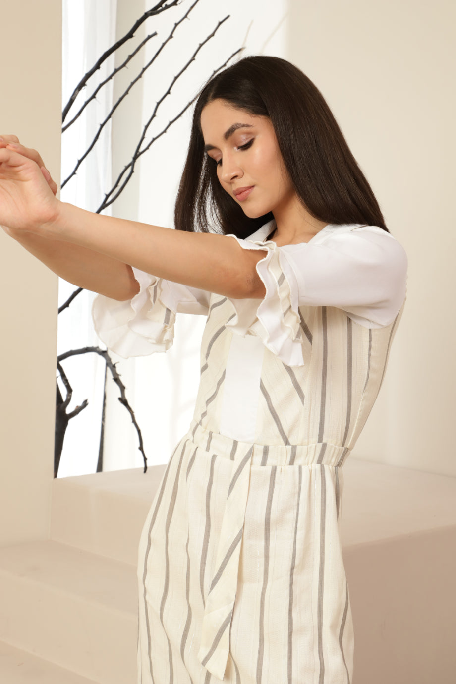 Striped on White Double Layer Look Dress Sanaita