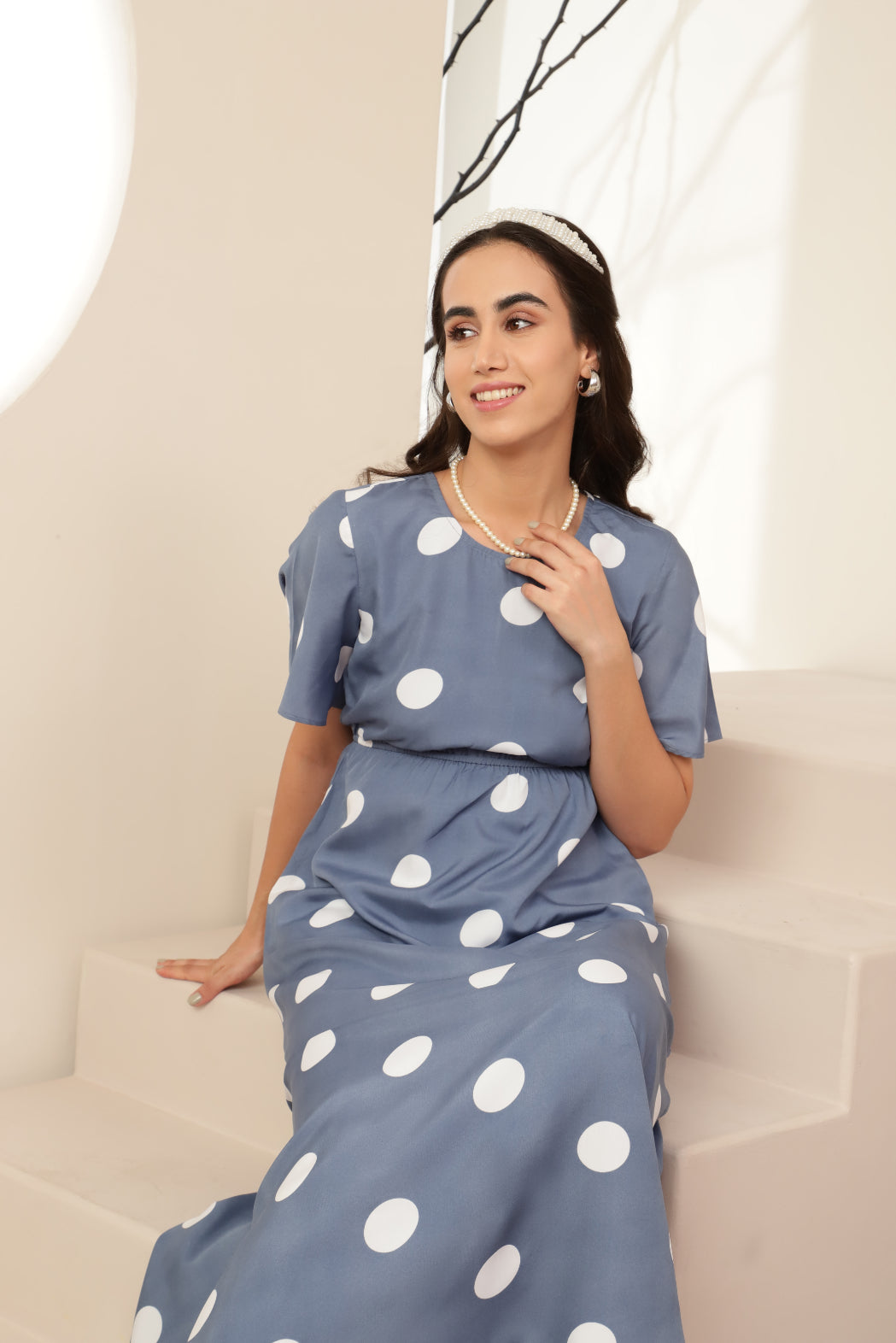 Polka Flared Sleece Maxi Dress Sanaita