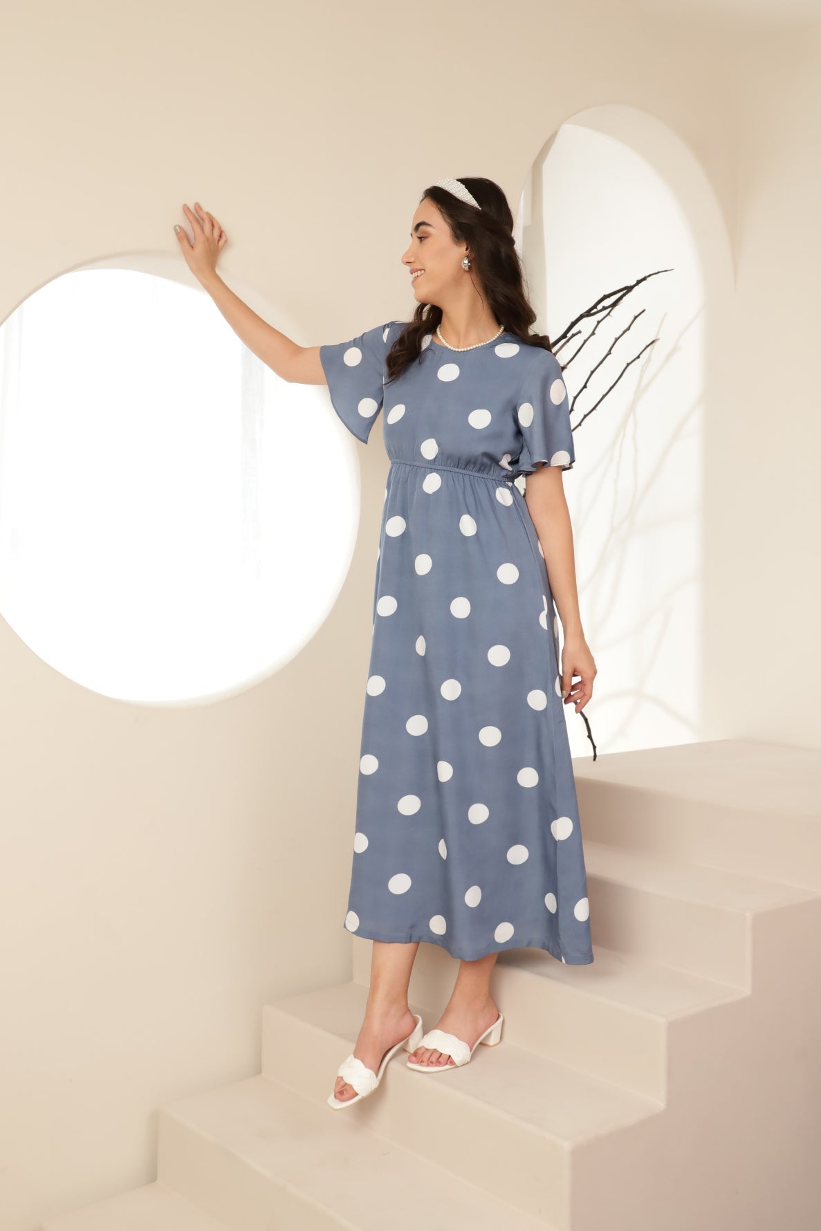 Polka Flared Sleece Maxi Dress Sanaita