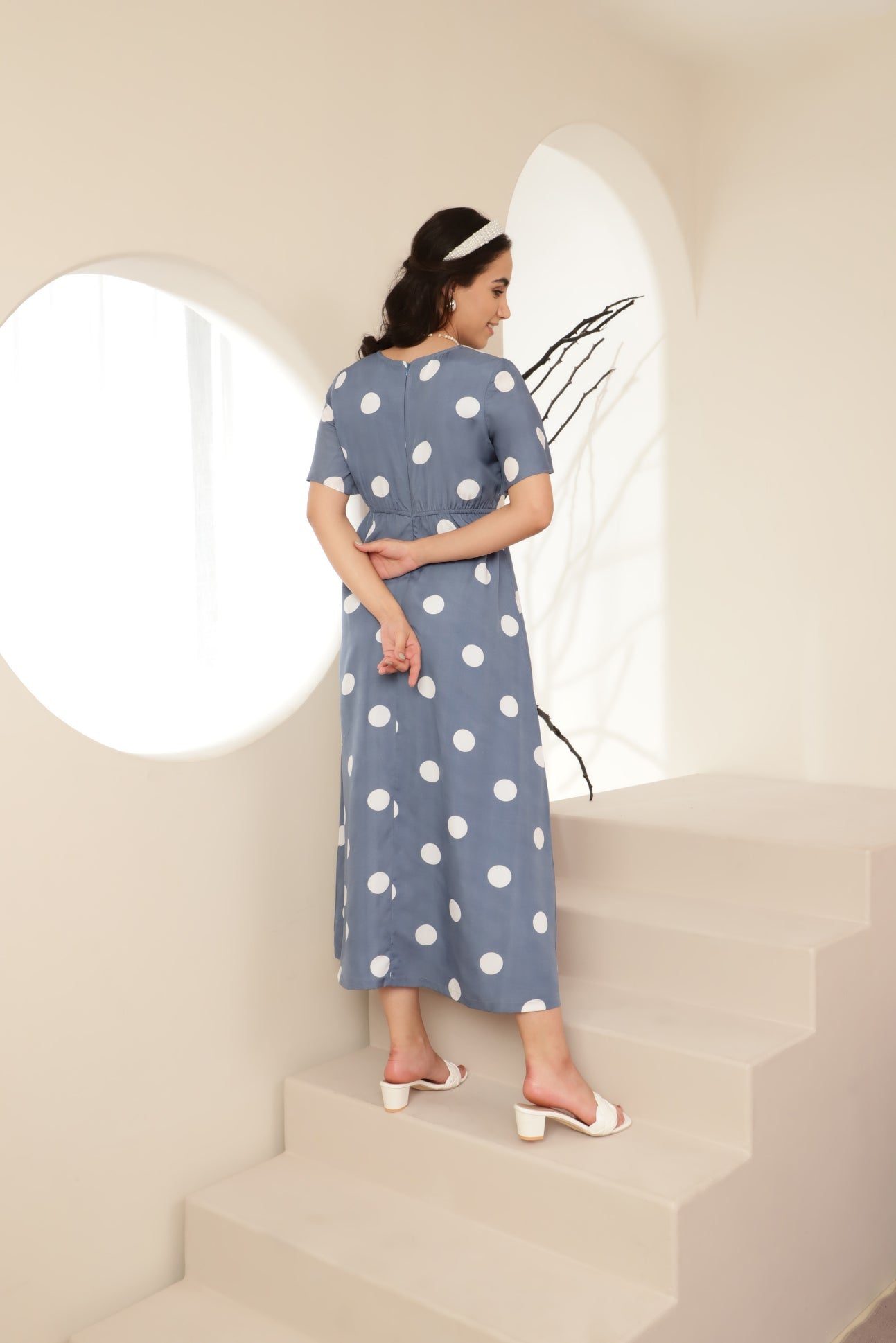 Polka Flared Sleece Maxi Dress Sanaita