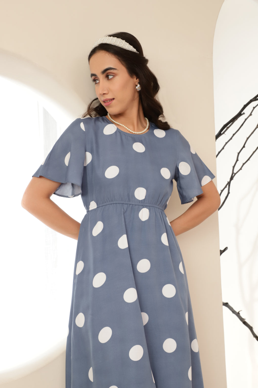 Polka Flared Sleece Maxi Dress Sanaita