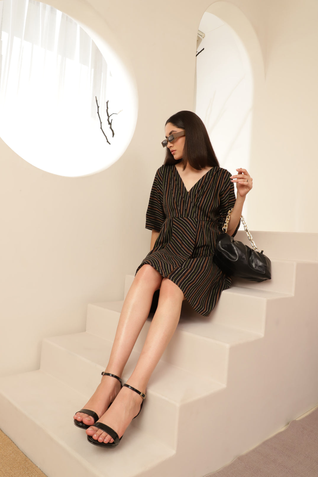 Bat Sleeve Overlap Look Black Striped Dress Sanaita