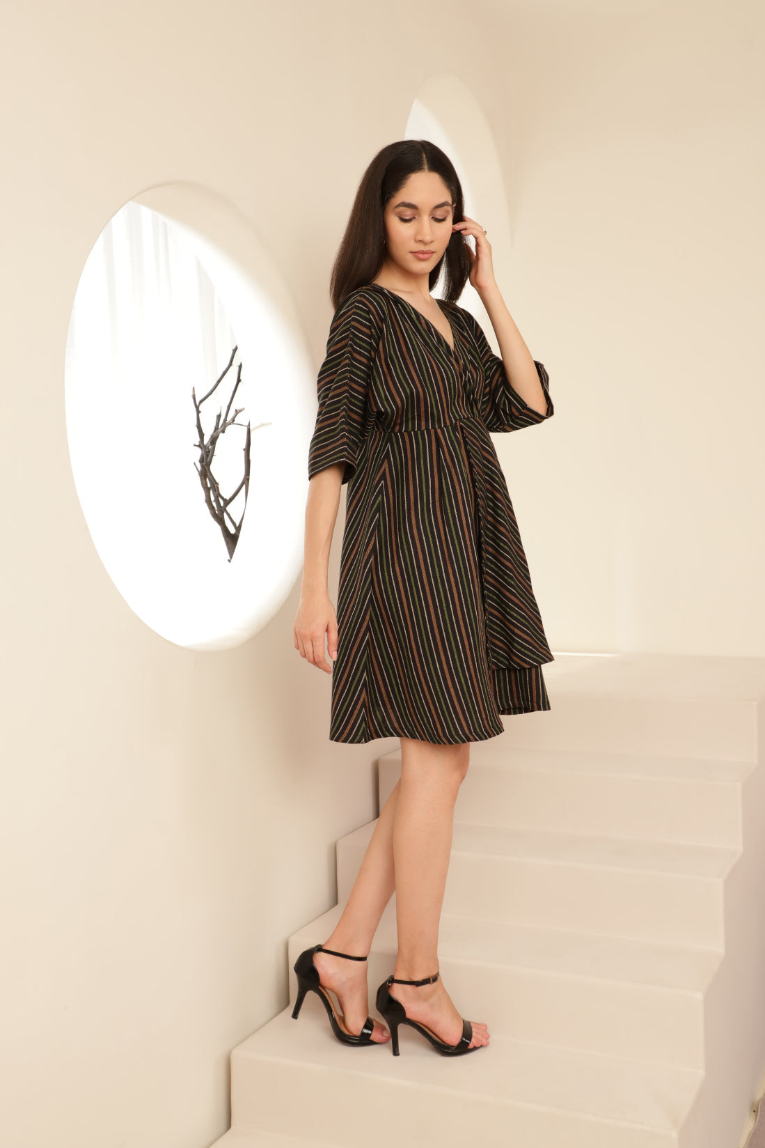 Bat Sleeve Overlap Look Black Striped Dress Sanaita