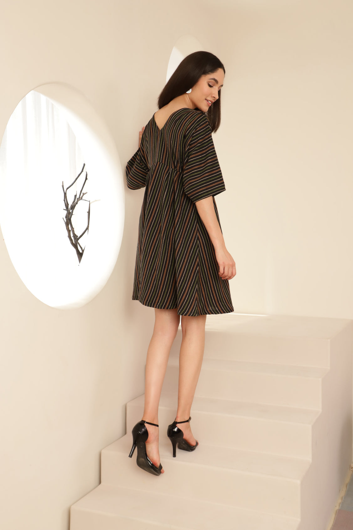Bat Sleeve Overlap Look Black Striped Dress Sanaita