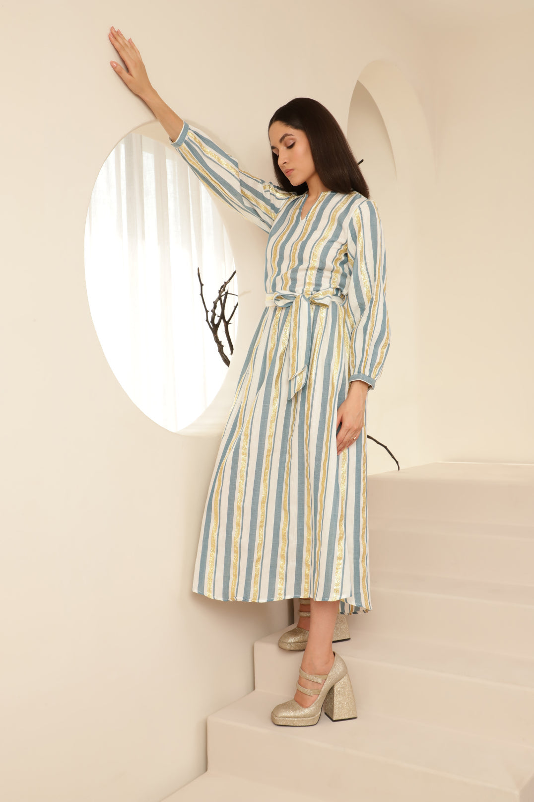 Blue and Gold Striped Tieup Detail Dress Sanaita