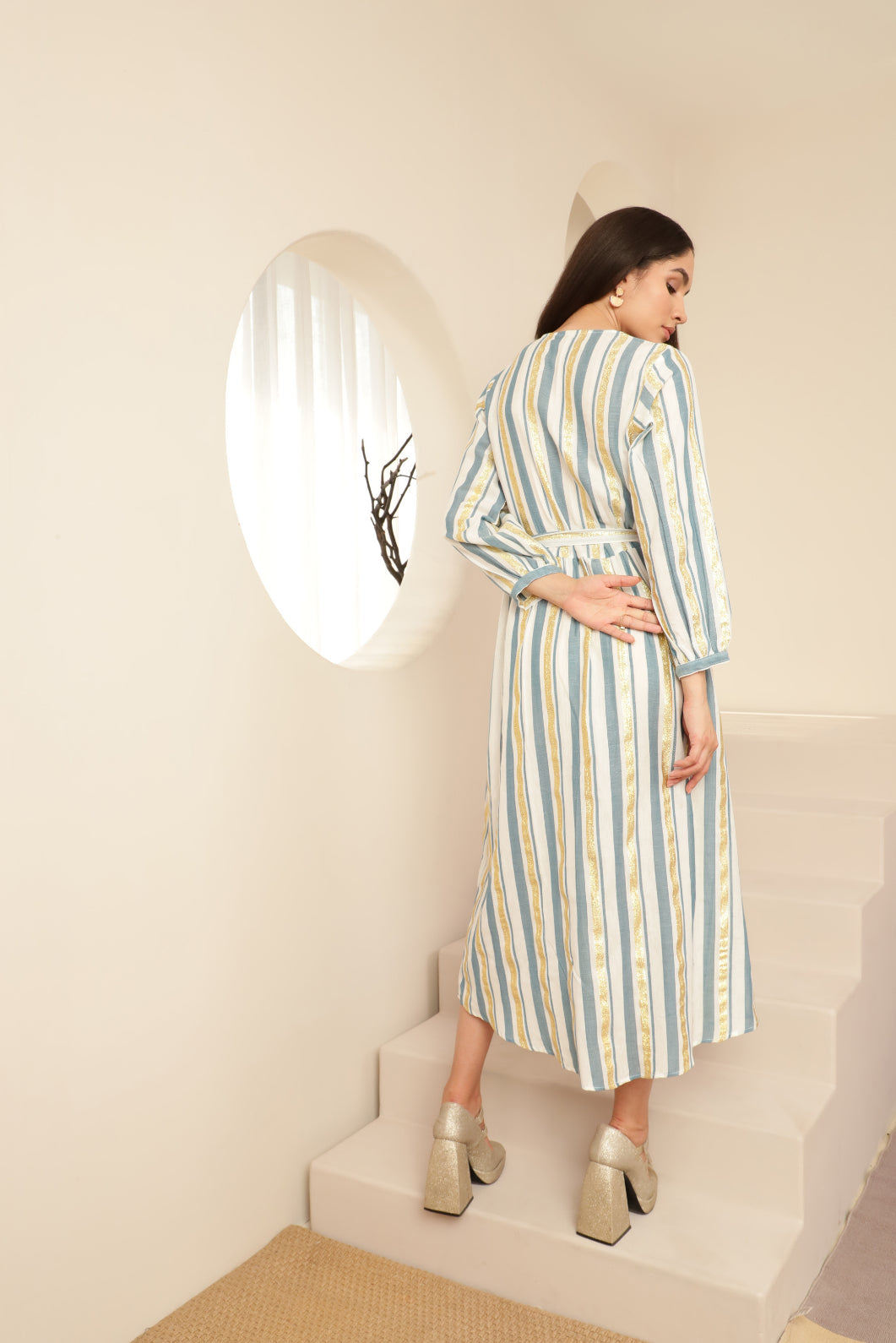 Blue and Gold Striped Tieup Detail Dress Sanaita