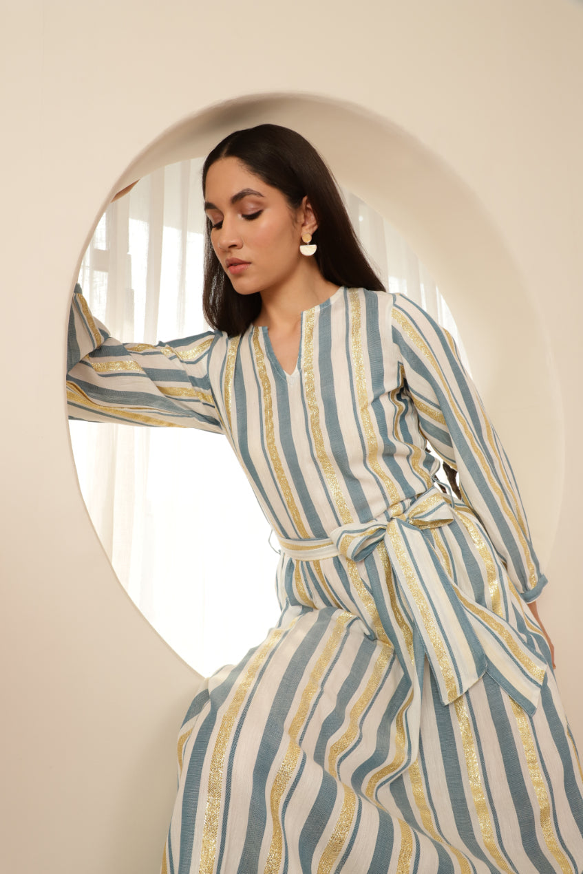 Blue and Gold Striped Tieup Detail Dress Sanaita
