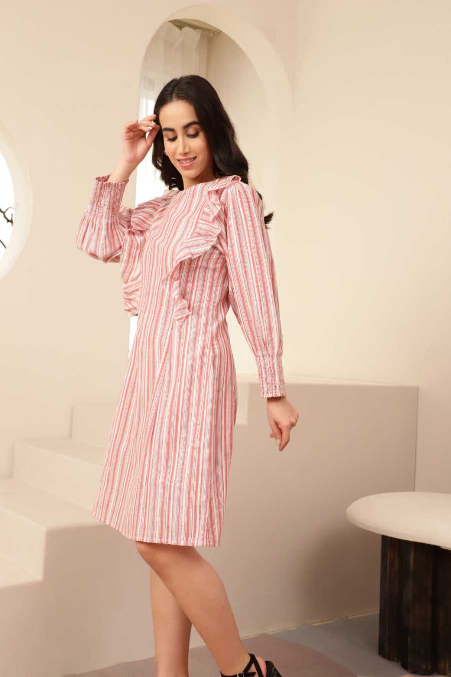 Red Striped Ruffle Detail Body Fit Dress Sanaita