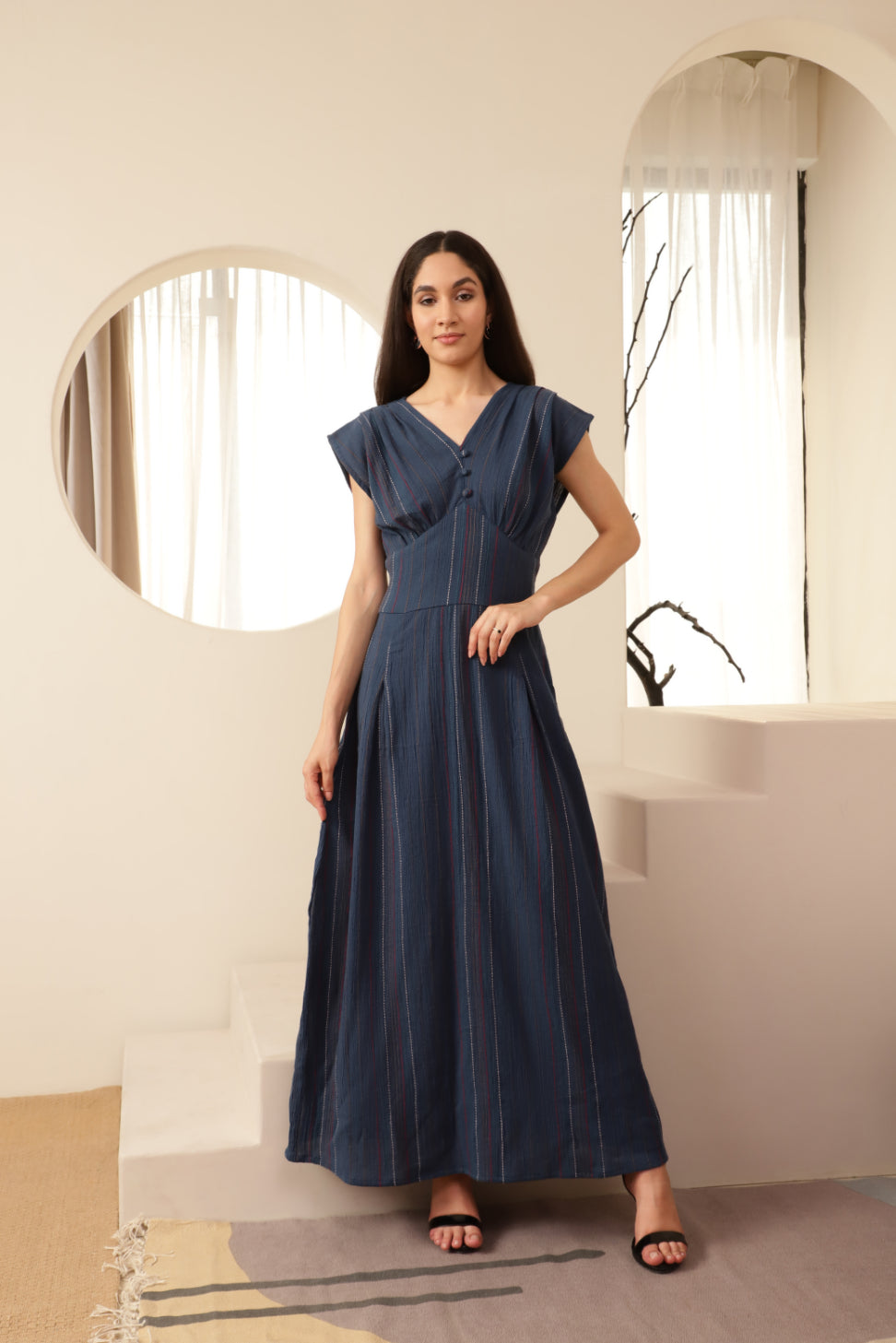 Navy Blue Button Detailed Striped Long Dress Sanaita