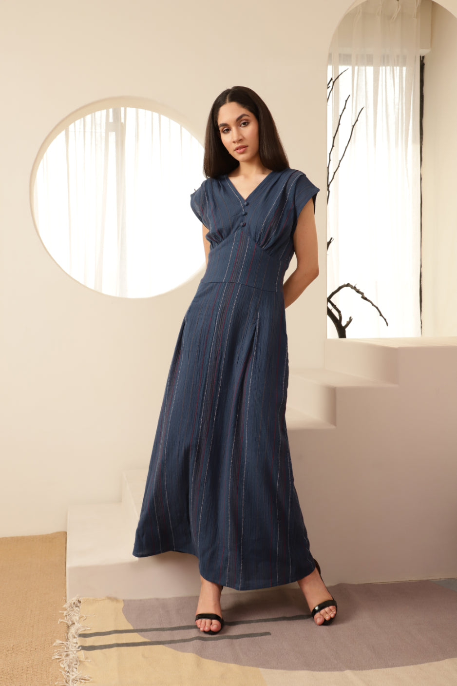 Navy Blue Button Detailed Striped Long Dress Sanaita