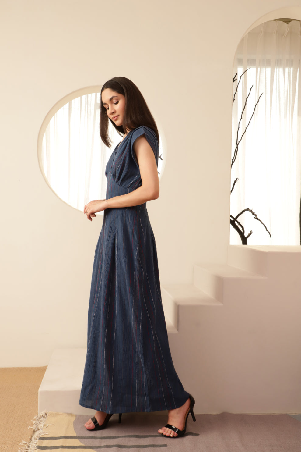 Navy Blue Button Detailed Striped Long Dress Sanaita