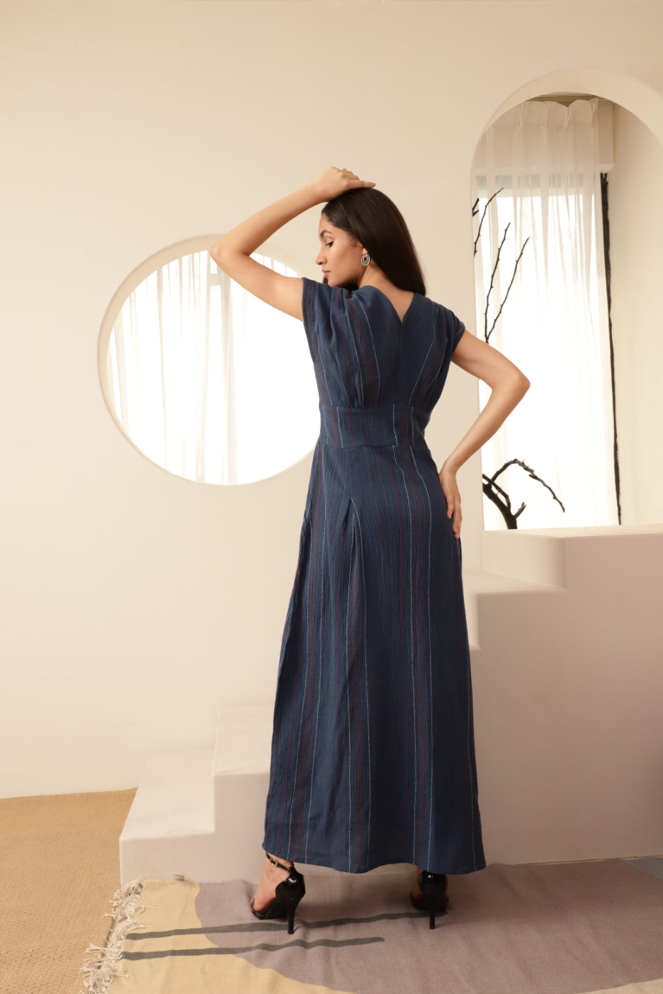 Navy Blue Button Detailed Striped Long Dress Sanaita