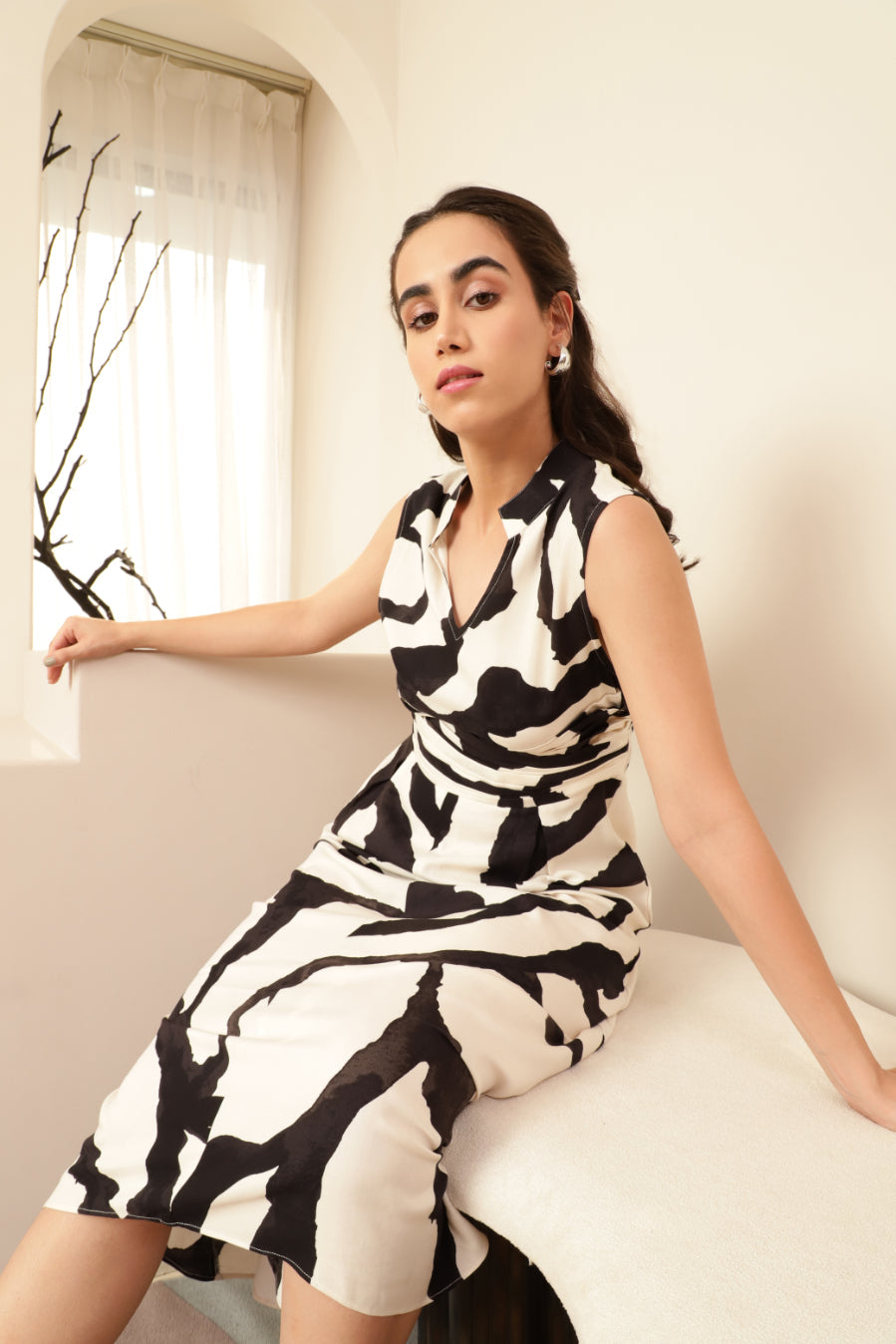 Waist Wrap Detail Flared Asymetric Printed Dress Sanaita