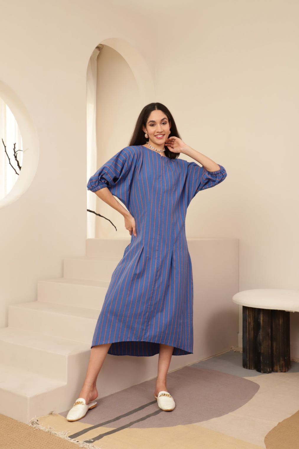 Baloon Sleeve Blue Striped Zip Neckline Dress Sanaita
