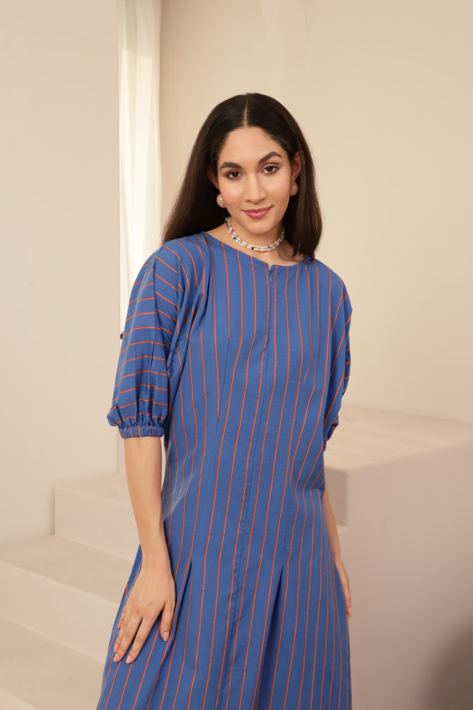 Baloon Sleeve Blue Striped Zip Neckline Dress Sanaita