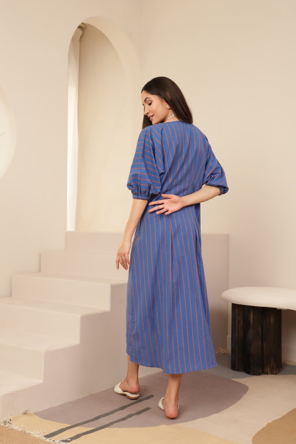 Baloon Sleeve Blue Striped Zip Neckline Dress Sanaita