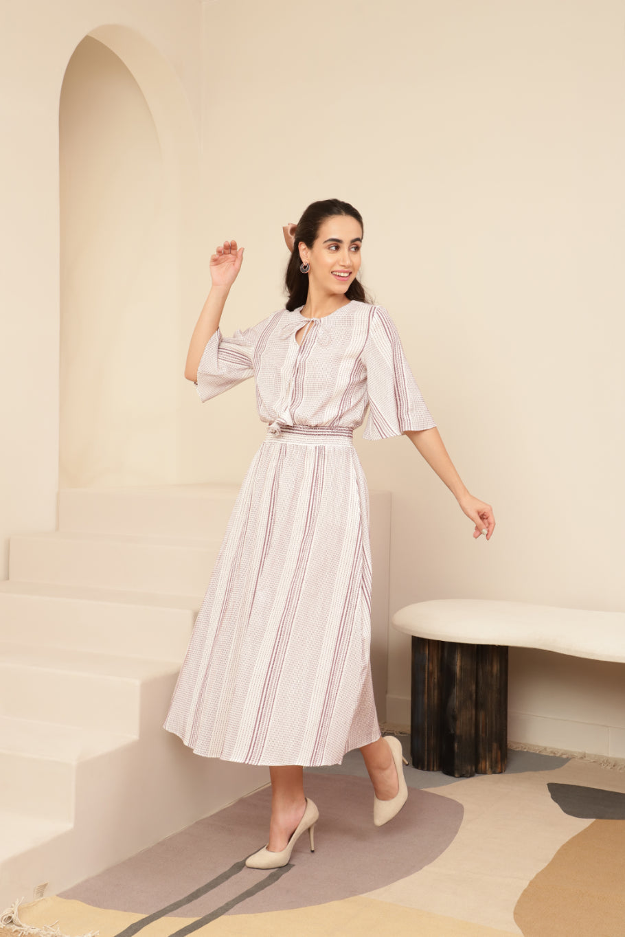 Greek Styled Red Accent White Dress Sanaita